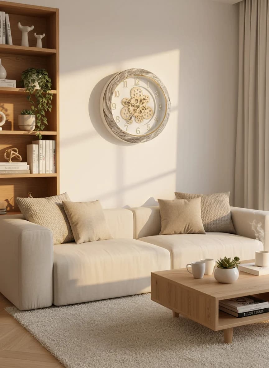 Marble Gear Wall Clock styled in a room setting 1