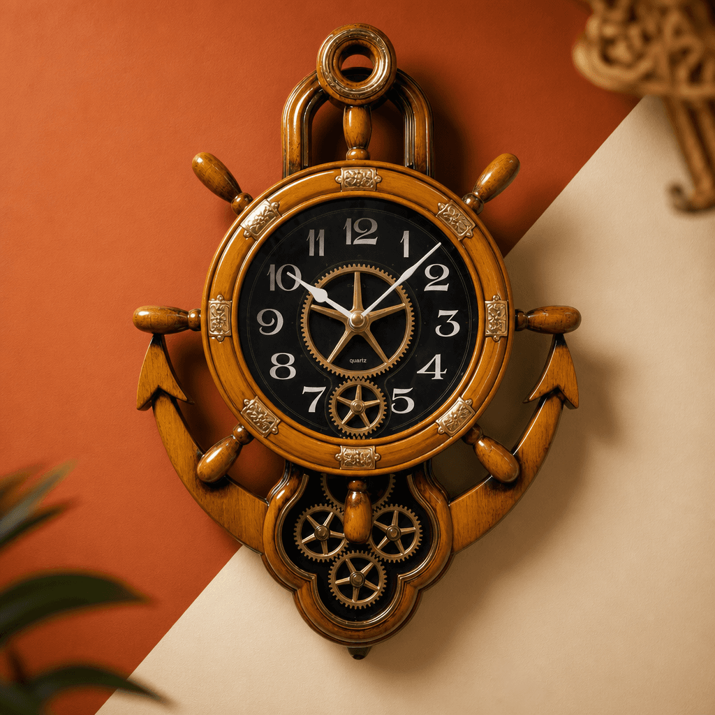 Real RG07 Nautical Ship's Wheel Wall Clock with Anchor Base, Very Dark Cherry Wood Finish styled in a room setting 4