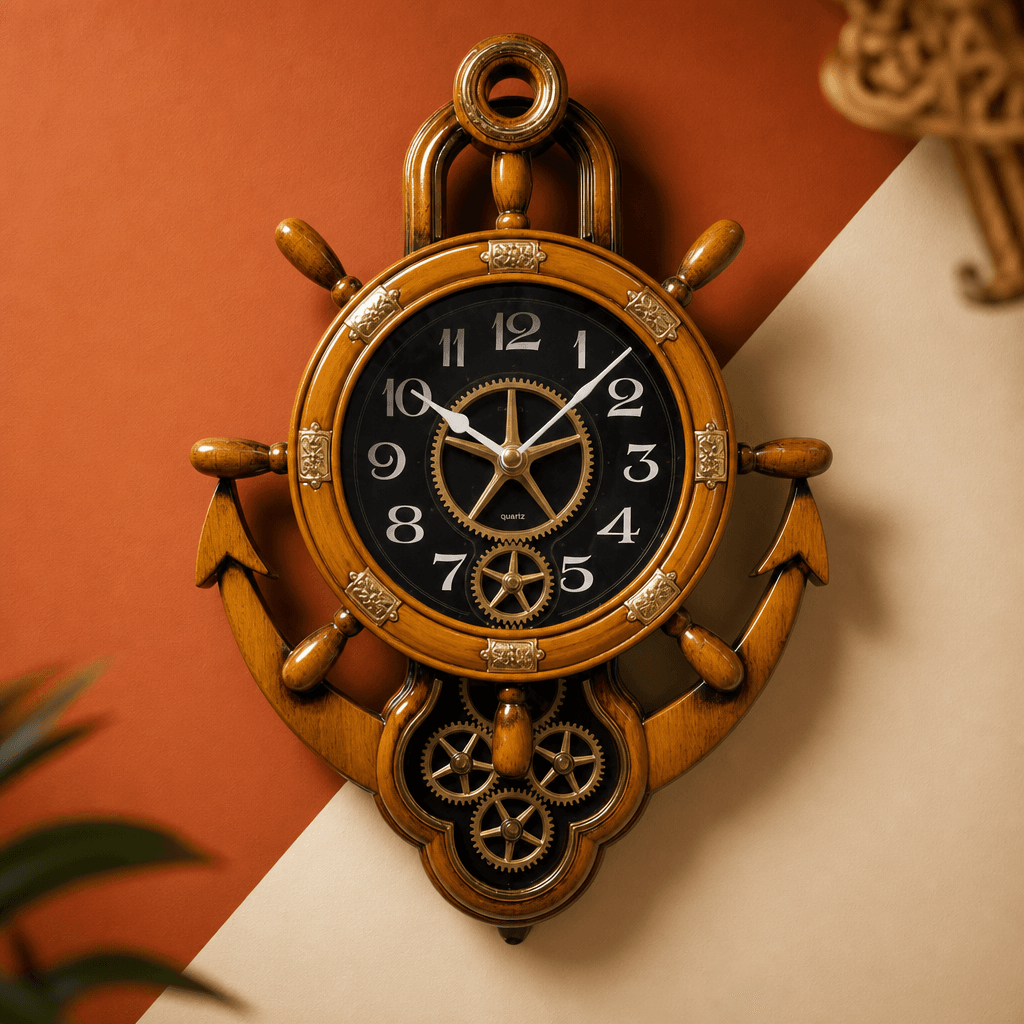 Real RG07 Nautical Ship's Wheel Wall Clock with Anchor Base, Very Dark Cherry Wood Finish - Premium Wall Clock 24 inch