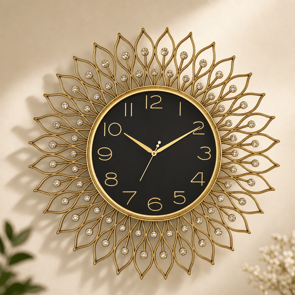 Gold & Black Crystal Sunburst Wall Clock styled in a room setting 2