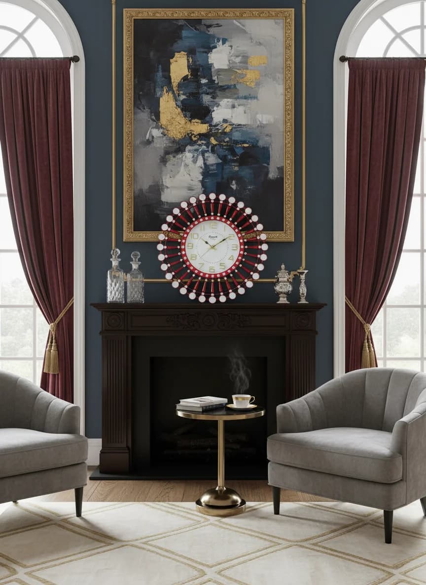 Gold Mirror Wall Clock styled in a room setting 2