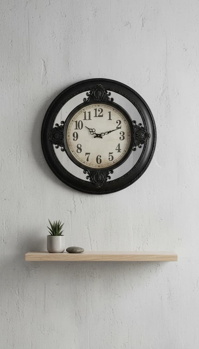 Elegant Mirrored Wall Clock styled in a room setting 3