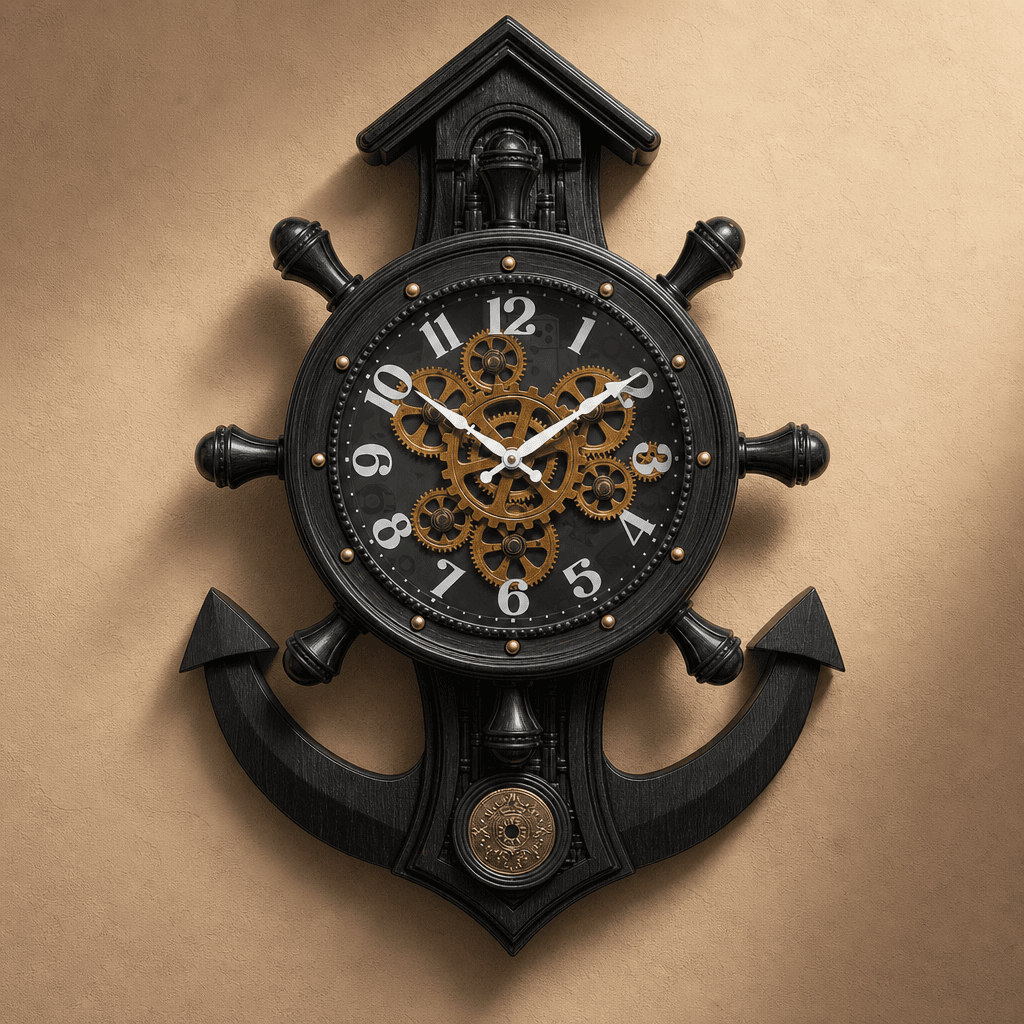 Rg 04 Nautical Ship Wheel Wall Clock With Anchor And Exposed Gears Light Ivory Wood Finish, 30x23 Inch styled in a room setting 4