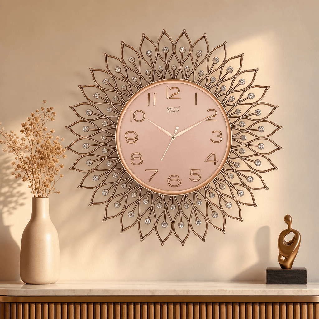 Gold & Black Crystal Sunburst Wall Clock styled in a room setting 5