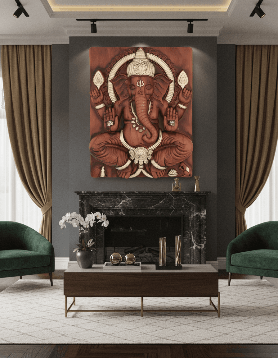 Ganesh Ji Wall Art Brown With Silver Accents styled in a room setting 3