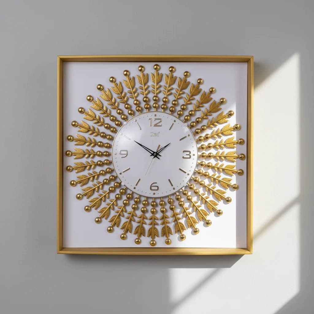 Gold Sunburst Wall Clock styled in a room setting 3