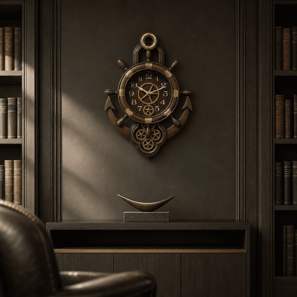 Real RG07 Nautical Ship Wheel and Anchor Wall Clock, Dark Espresso Wood styled in a room setting 1