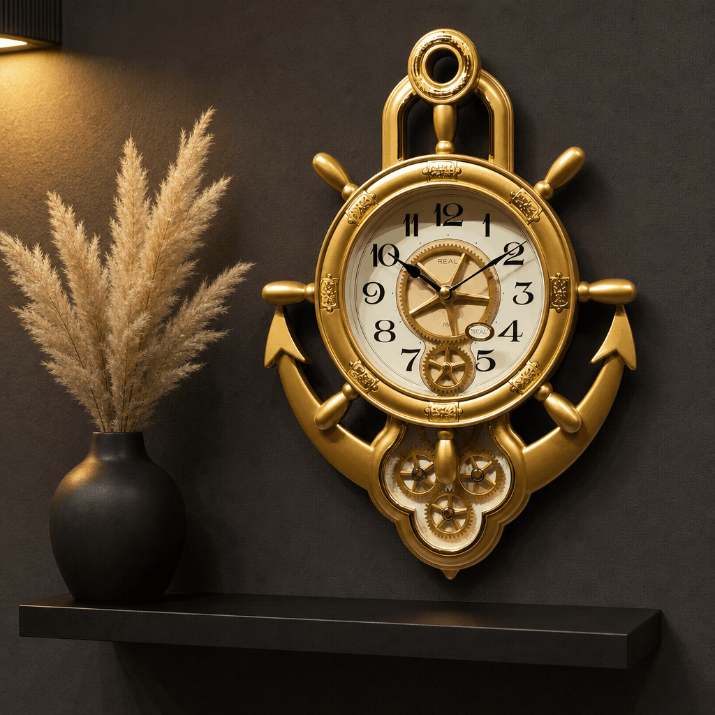Real RG07 Brown Wood Anchor Ship Wheel Wall Clock 24x17 inch styled in a room setting 5