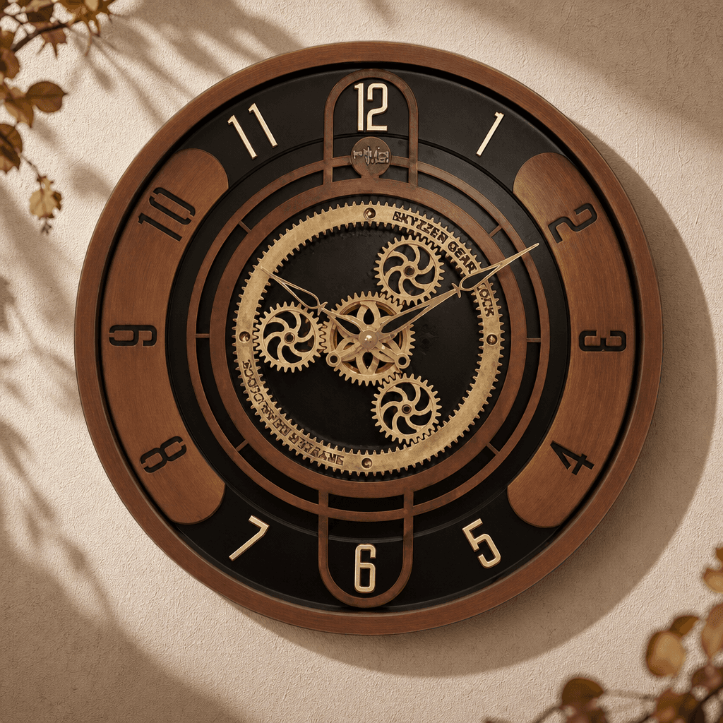 Bronze & Dark Brown Decorative Gear Wall Clock styled in a room setting 5
