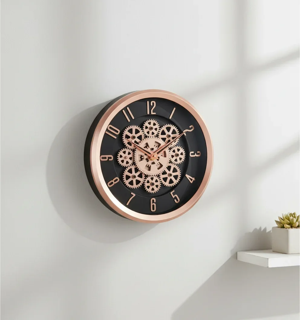 Industrial Chic Rose Gold Gear Wall Clock By Capital styled in a room setting 3