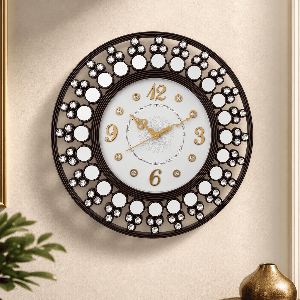 Ornate Round Wall Clock With Crystal & Mirror Accents styled in a room setting 3