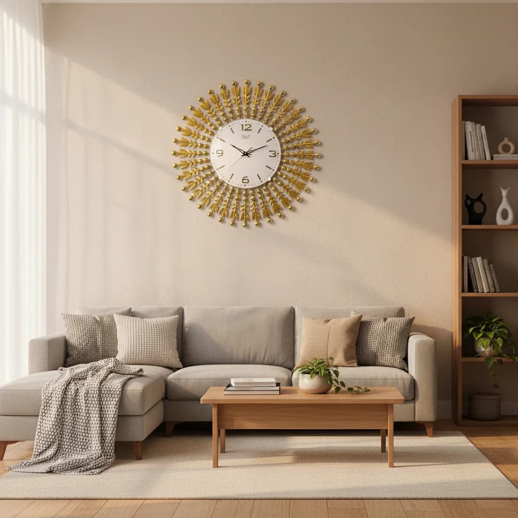 Gold Sunburst Wall Clock styled in a room setting 1