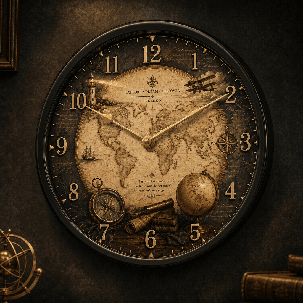 The clock Factory 031 Explorer Vintage World Map Wall Clock with Black Frame - Premium Wall Clock 13 inch