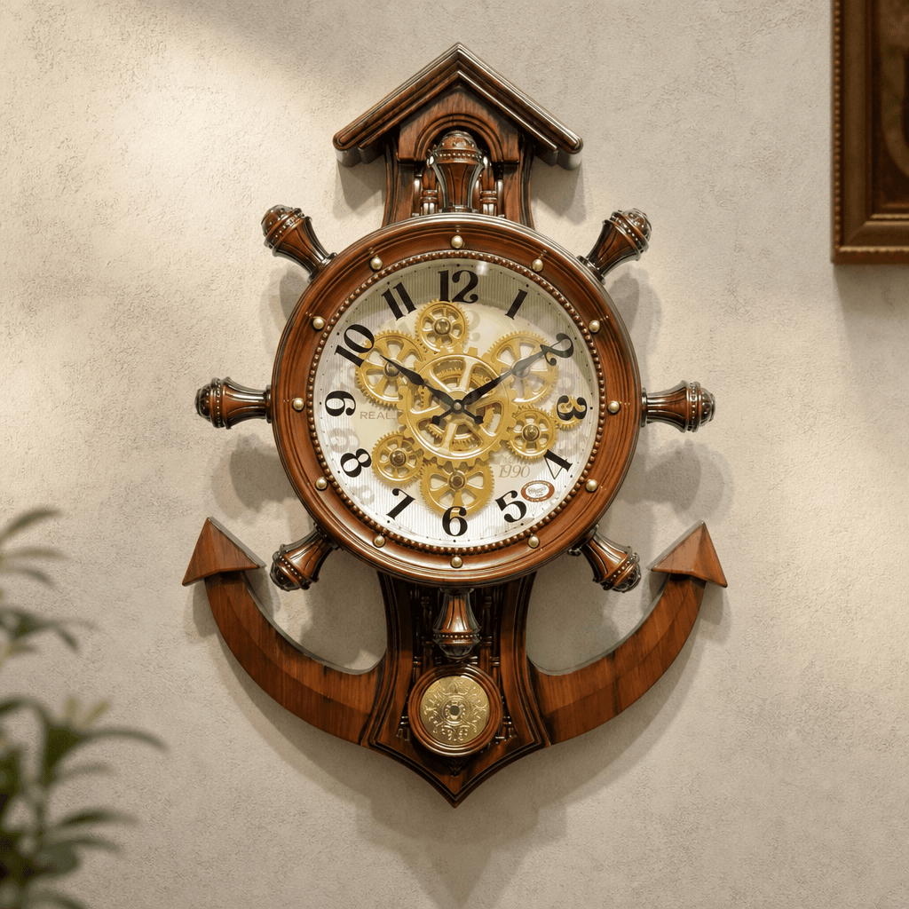 Rg 04 Dark Wood Brown Nautical Wall Clock With Visible Gears, 30x23 Inch styled in a room setting 2