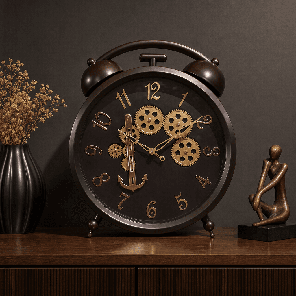 Gold Steampunk Wall Clock With Visible Gears styled in a room setting 4
