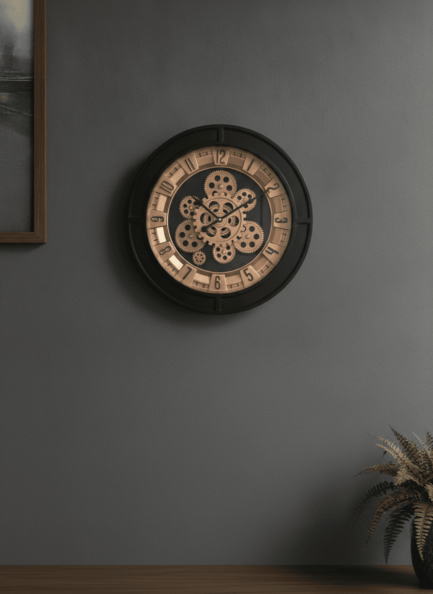 Industrial Wall Clock With Visible Gears Black & Copper Accents styled in a room setting 2