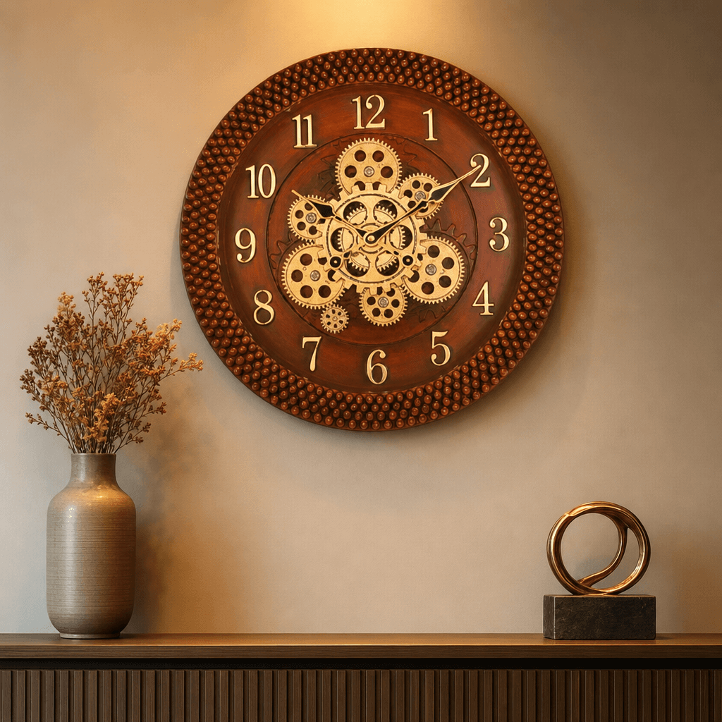 Decorative Brown & Gold Exposed Gear Wall Clock styled in a room setting 1