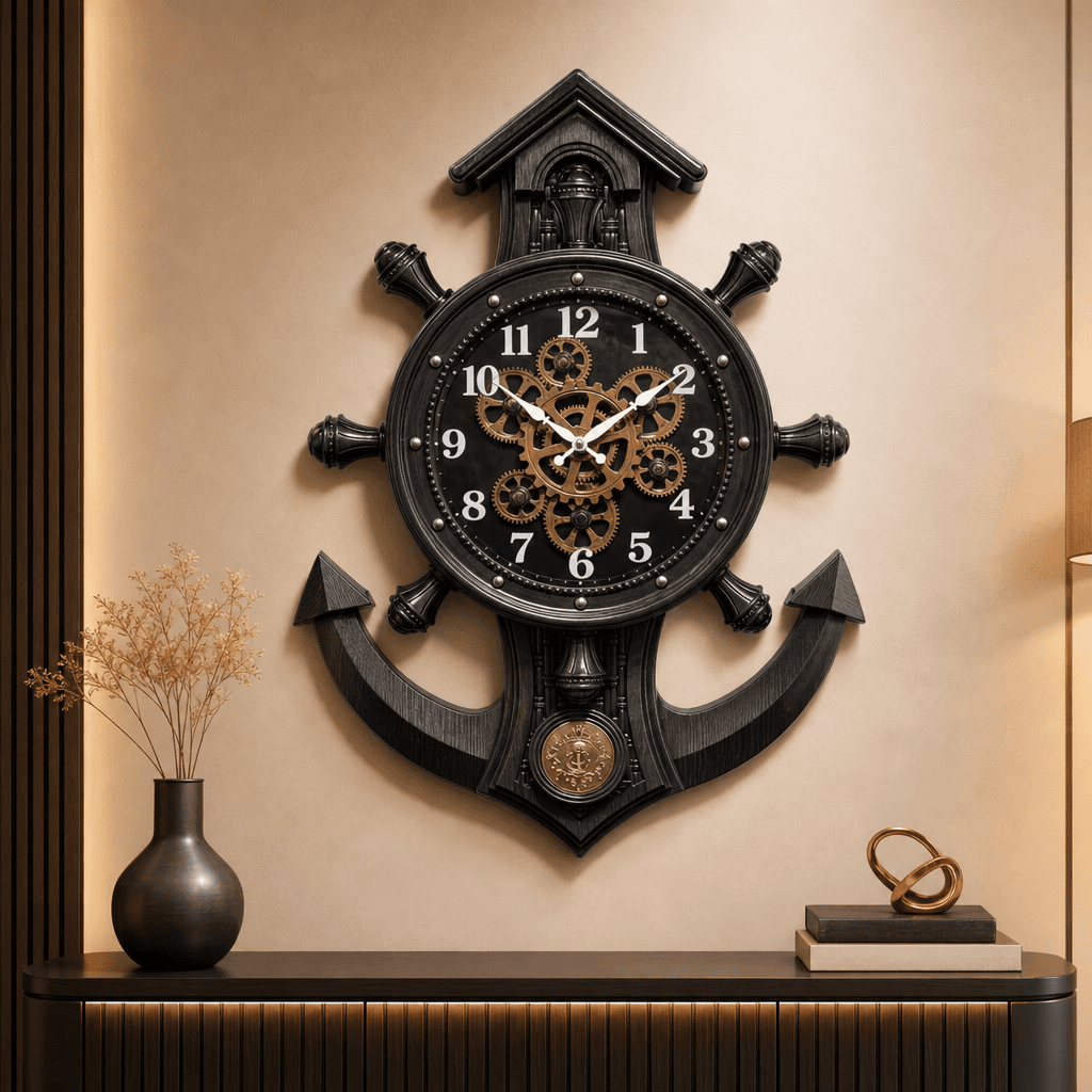 Rg 04 Nautical Ship Wheel Wall Clock With Anchor And Exposed Gears Light Ivory Wood Finish, 30x23 Inch styled in a room setting 5