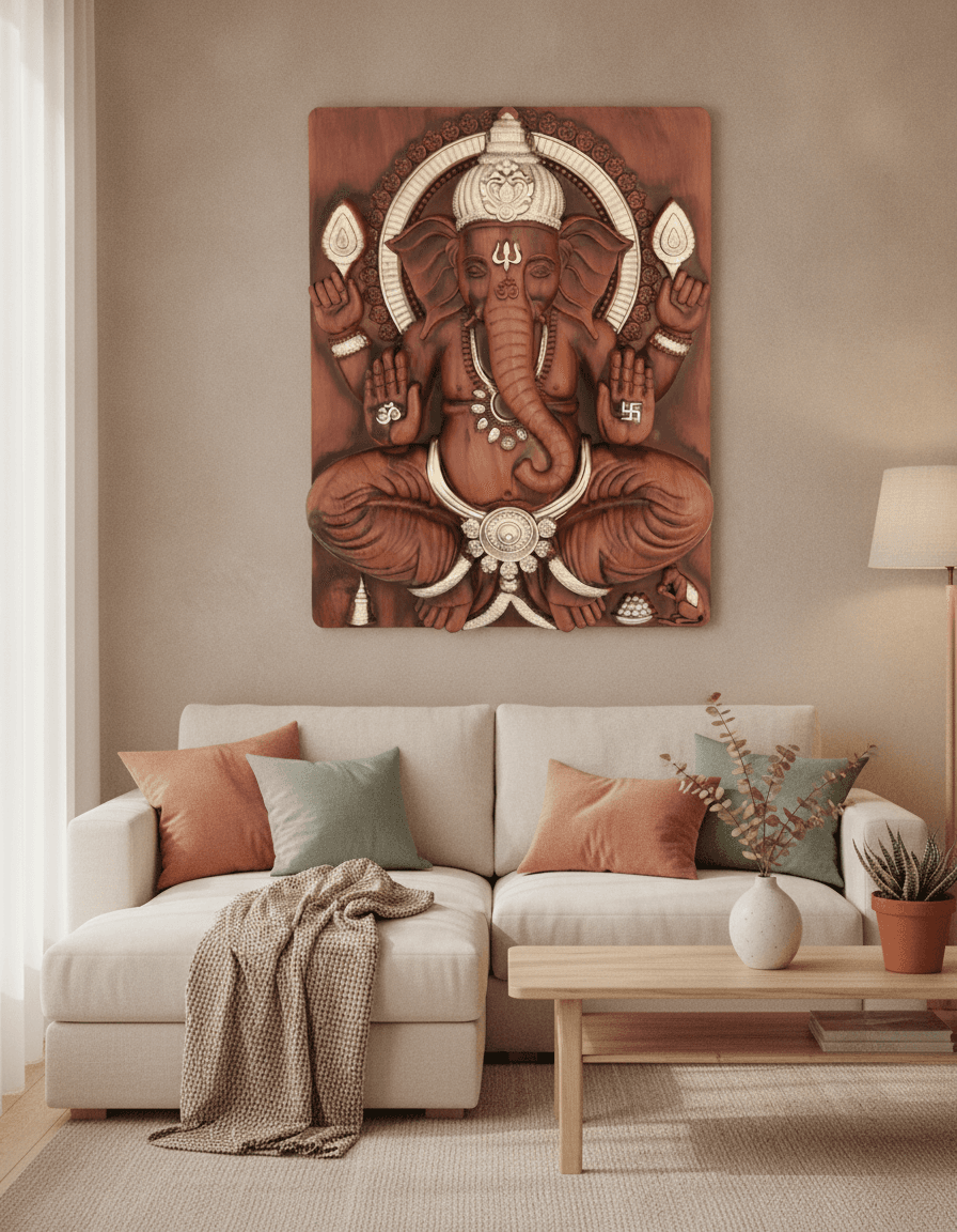 Ganesh Ji Wall Art Brown With Silver Accents styled in a room setting 2