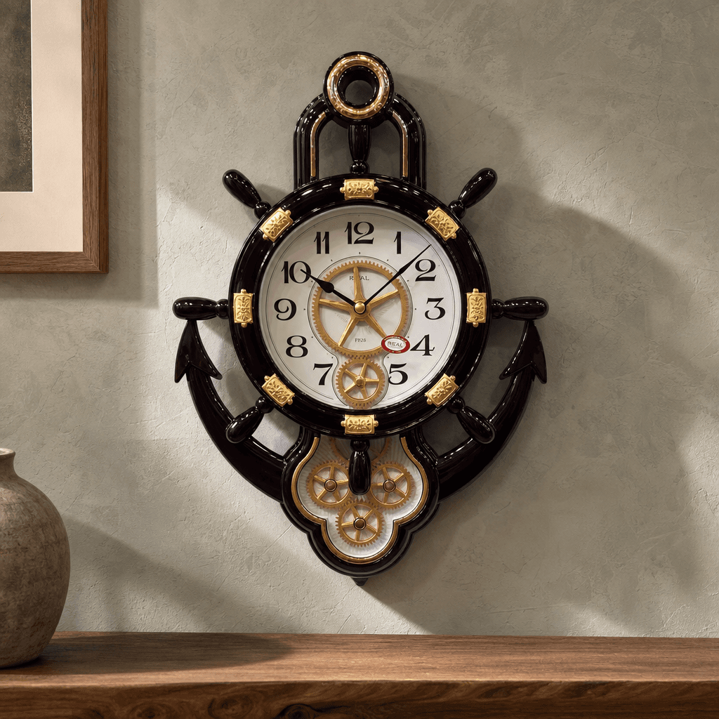 Real RG07 Nautical Ship's Wheel Wall Clock with Anchor Base, Very Dark Cherry Wood Finish styled in a room setting 3