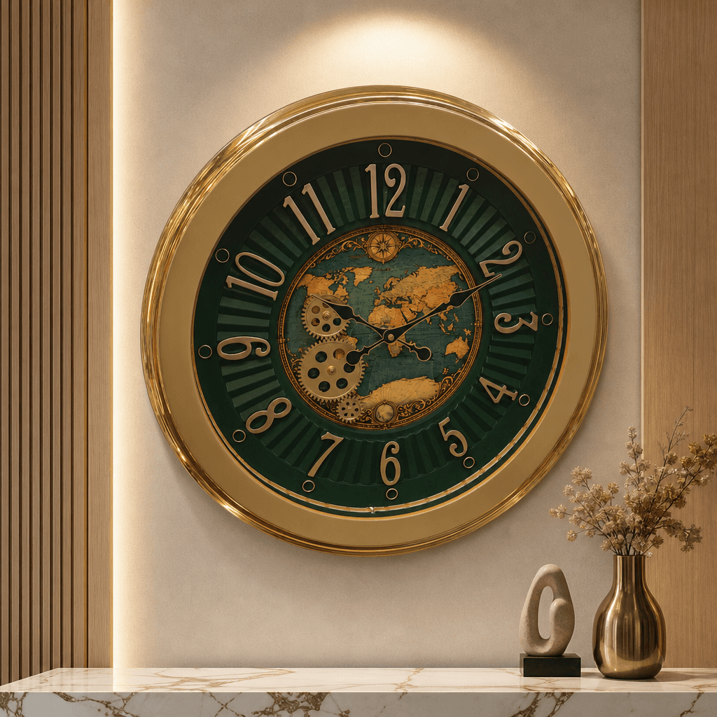 The clock Factory World Map Green Wall Clock with Visible Gears styled in a room setting 2