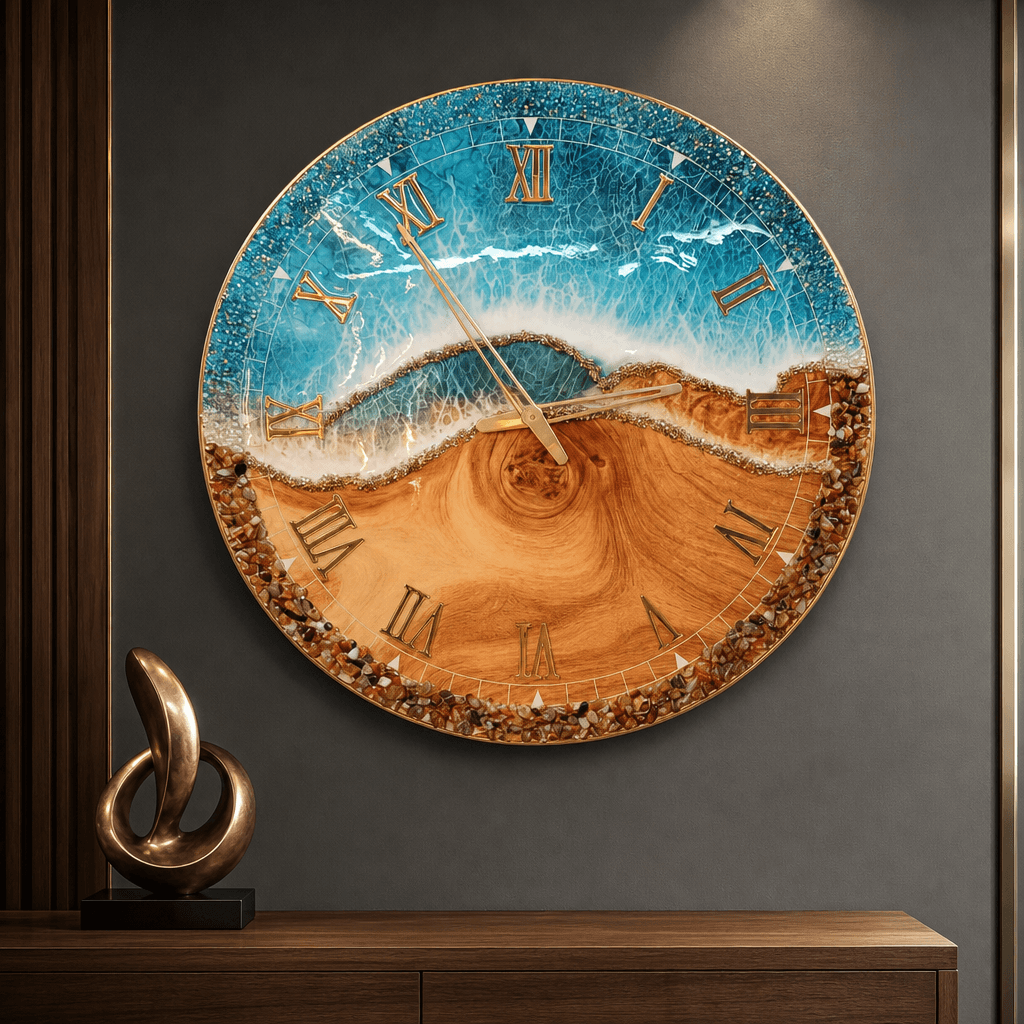 The clock Factory 24-inch Resin Wall Clock - Beach Sand & Ocean Waves Design styled in a room setting 3