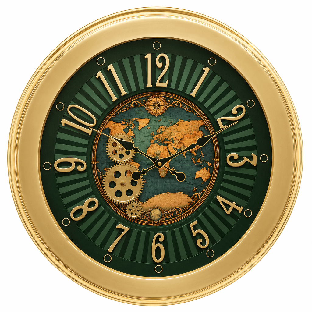 The clock Factory World Map Green Wall Clock with Visible Gears
