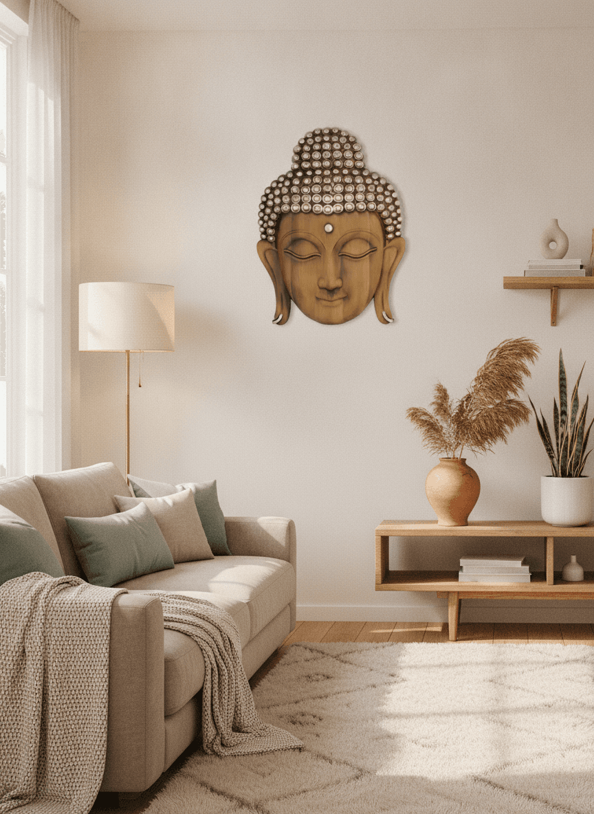 Face Wall Art Light Wood & Silver styled in a room setting 2
