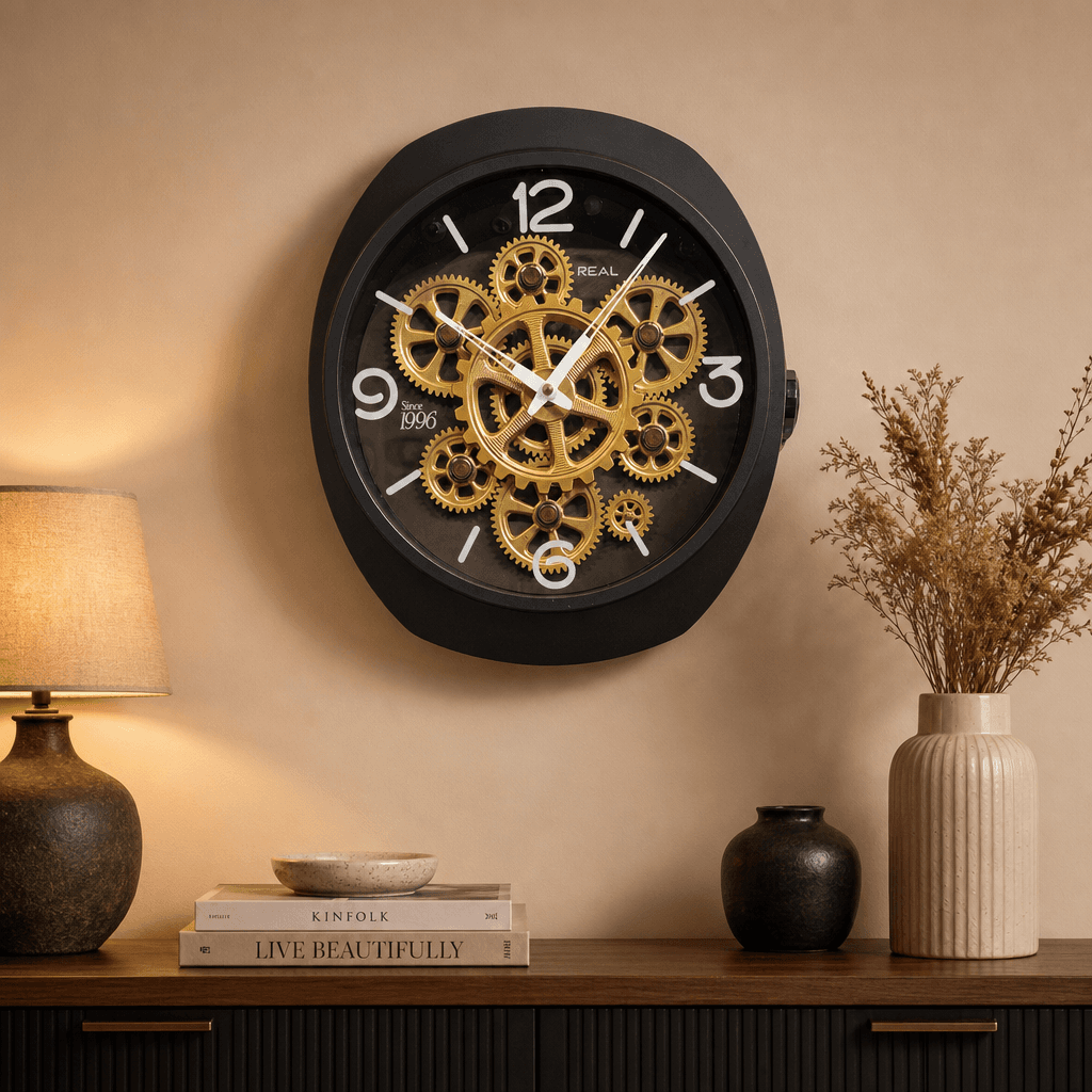Exposed Gear Wall Clock styled in a room setting 5