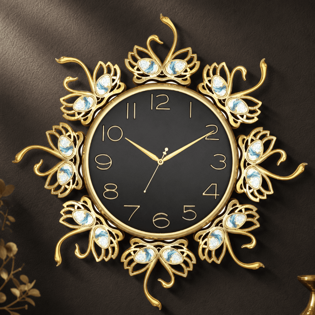 Ornate Gold Swan Wall Clock With Black Dial styled in a room setting 3