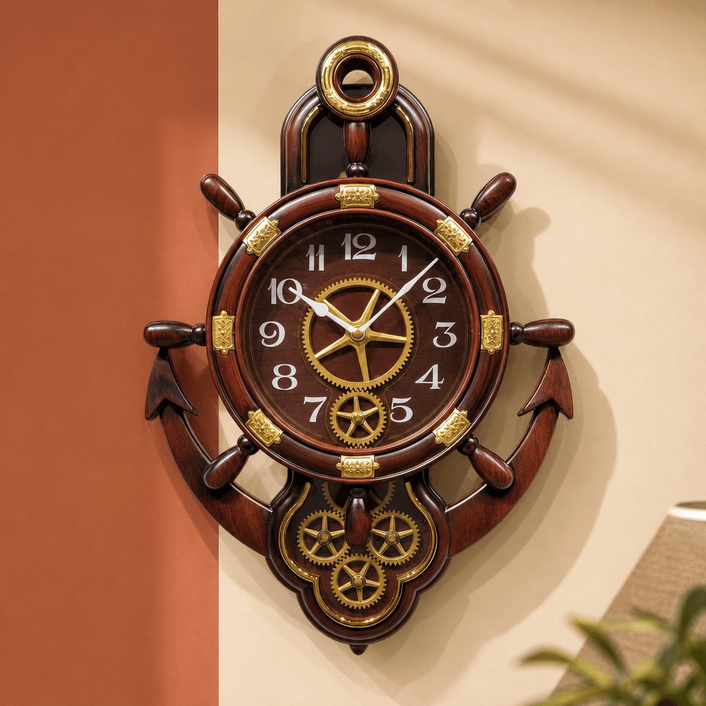 Real RG07 Nautical Dark Reddish Brown Wood Wall Clock with Visible Gears, 24x17 inch dimensions