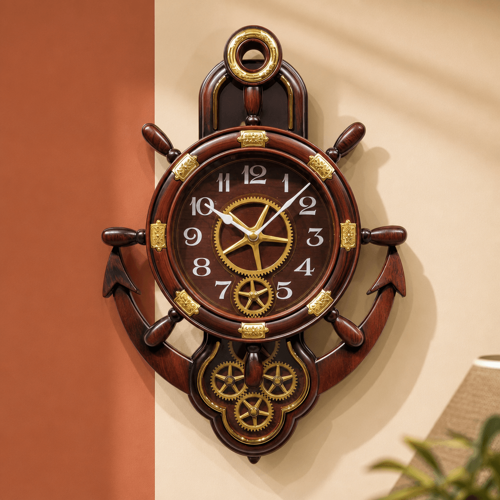 Real RG07 Nautical Dark Reddish Brown Wood Wall Clock with Visible Gears, 24x17 inch - Premium Wall Clock 24 inch