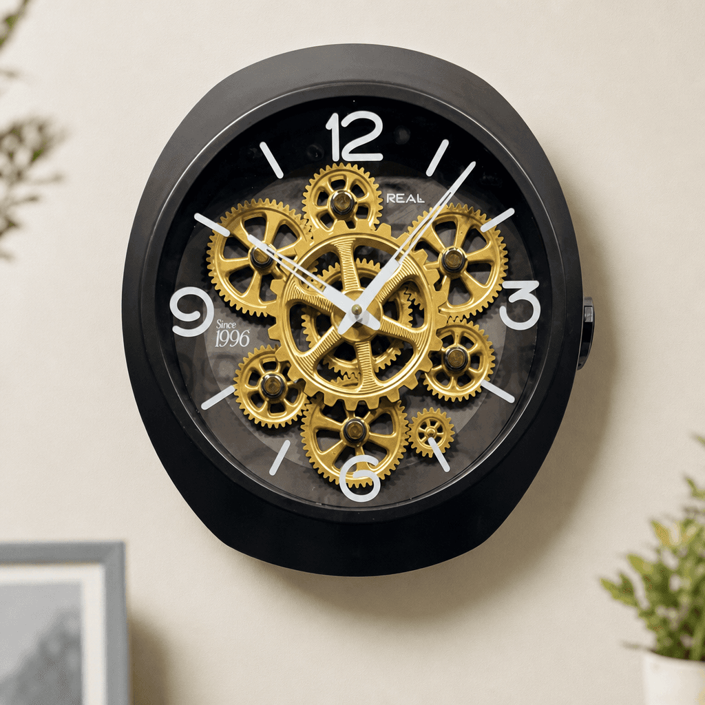 Exposed Gear Wall Clock styled in a room setting 4