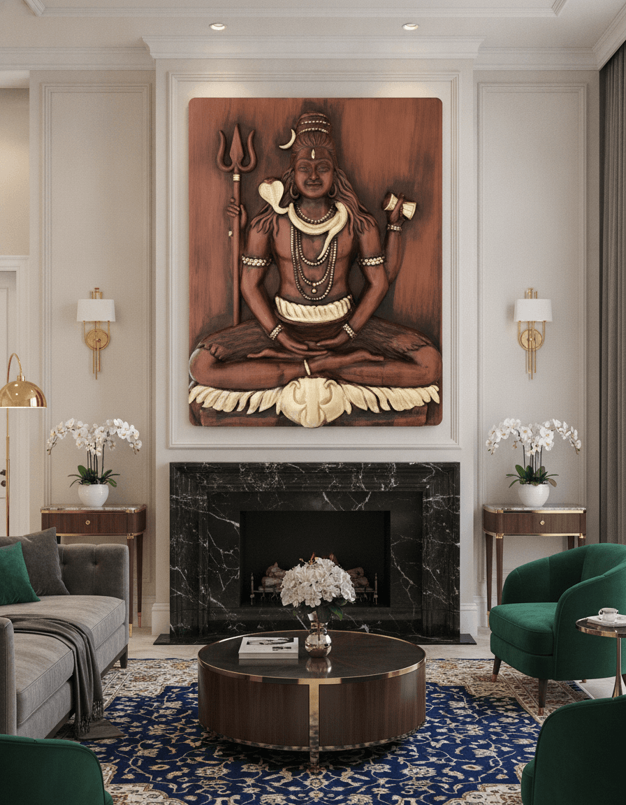 Shiv Ji Bronze Relief Wall Art styled in a room setting 2