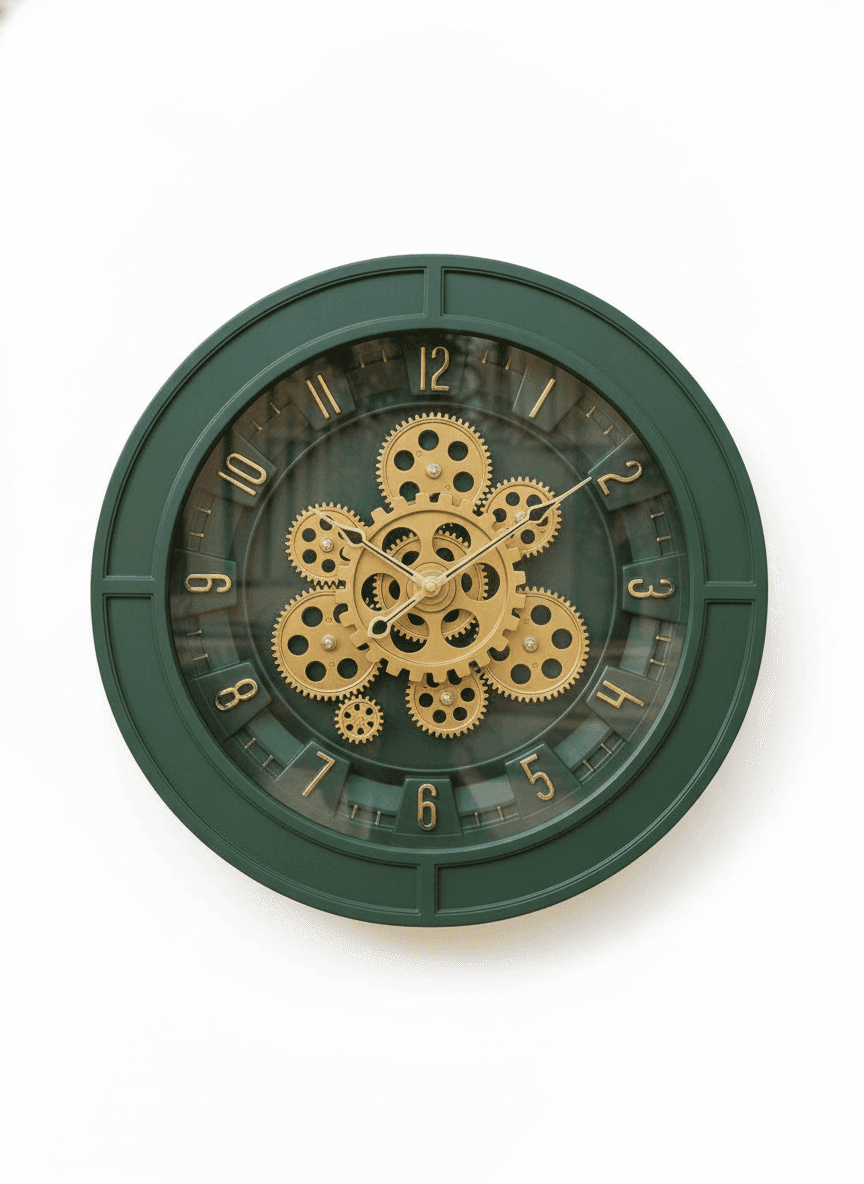 Dark Green Steampunk Wall Clock With Gold Accents