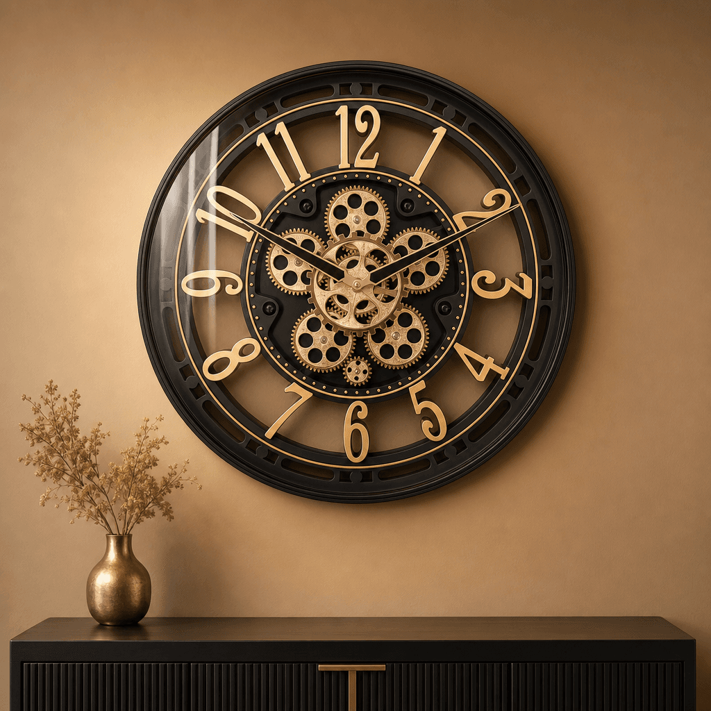 Industrial Gear Skeleton Wall Clock styled in a room setting 3