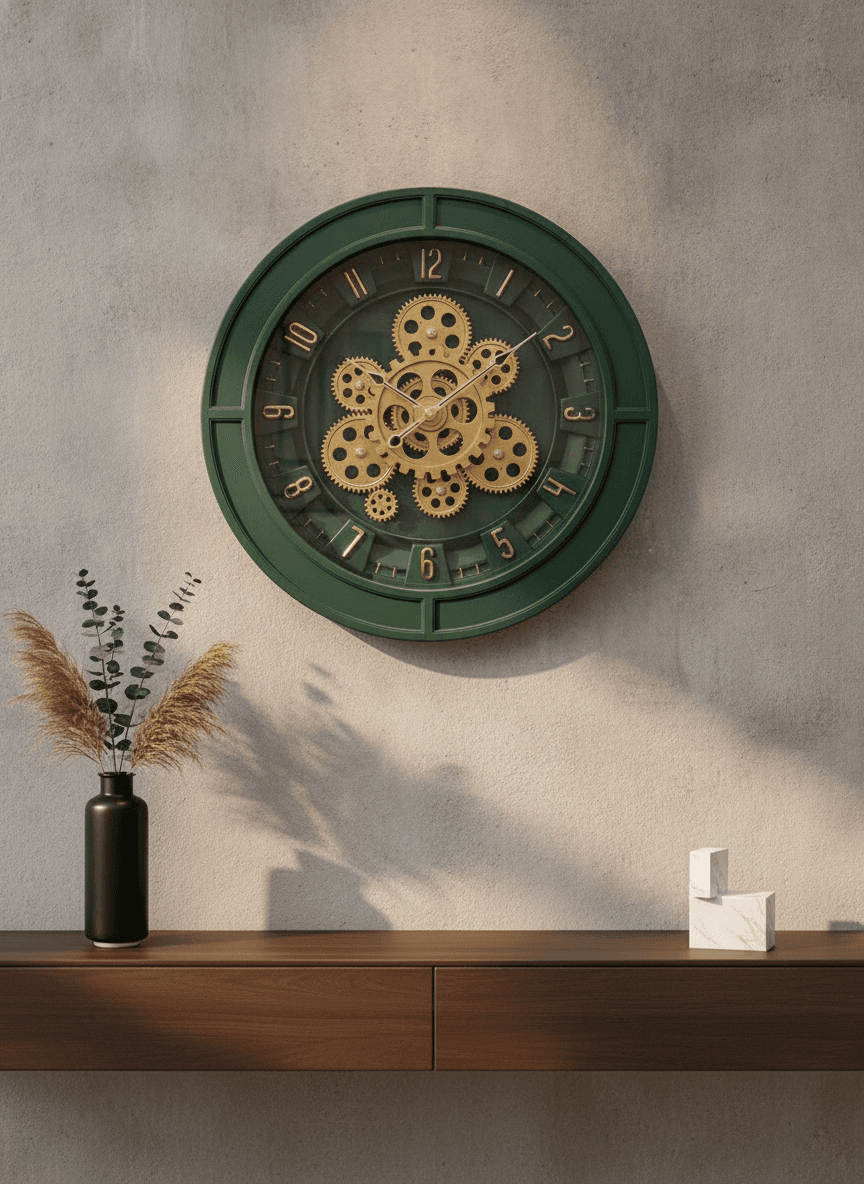 Dark Green Steampunk Wall Clock With Gold Accents styled in a room setting 1