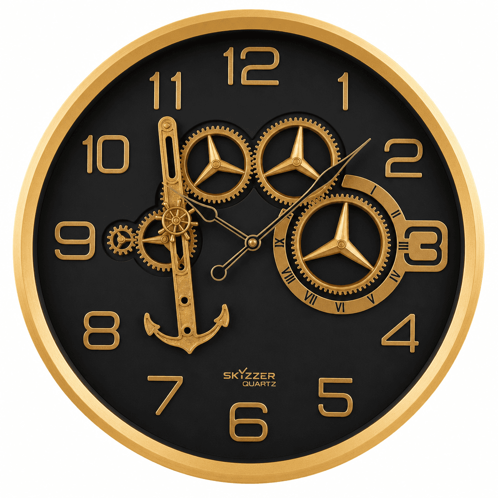 Industrial Nautical Wall Clock With Gold Gears And Anchor