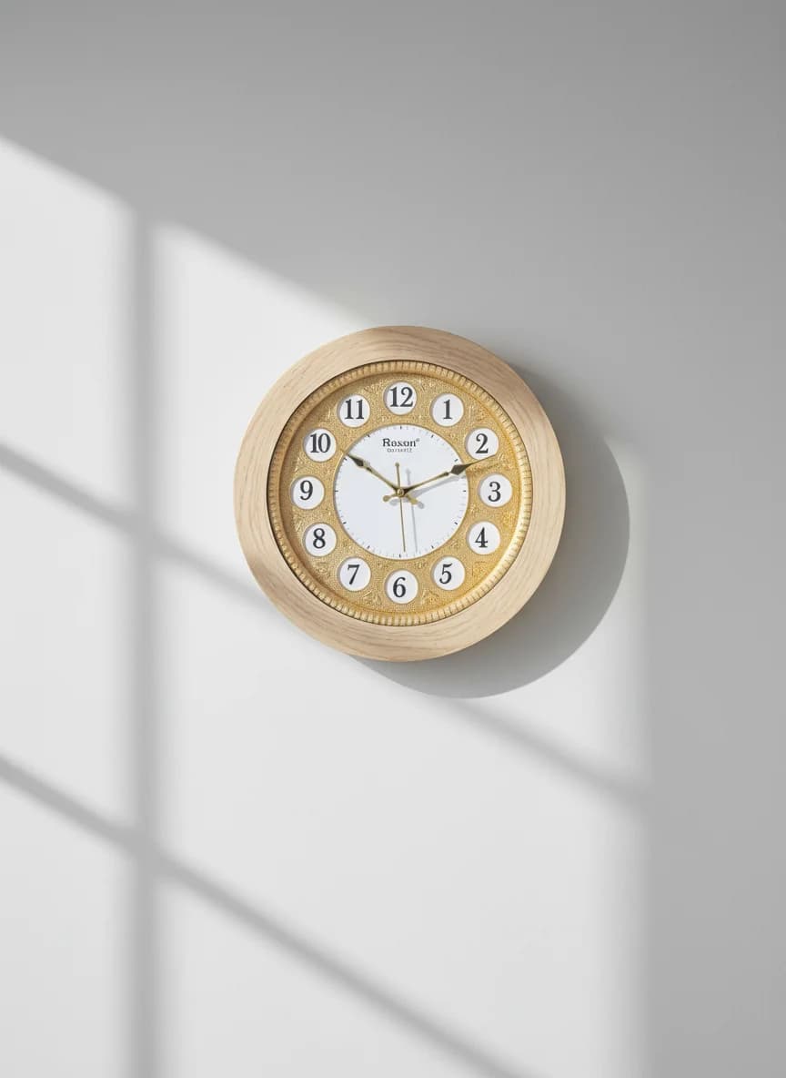 Gold & Wood Wall Clock styled in a room setting 3