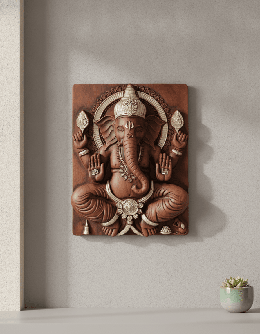 Ganesh Ji Wall Art Brown With Silver Accents - Premium Wall Art 22 inch