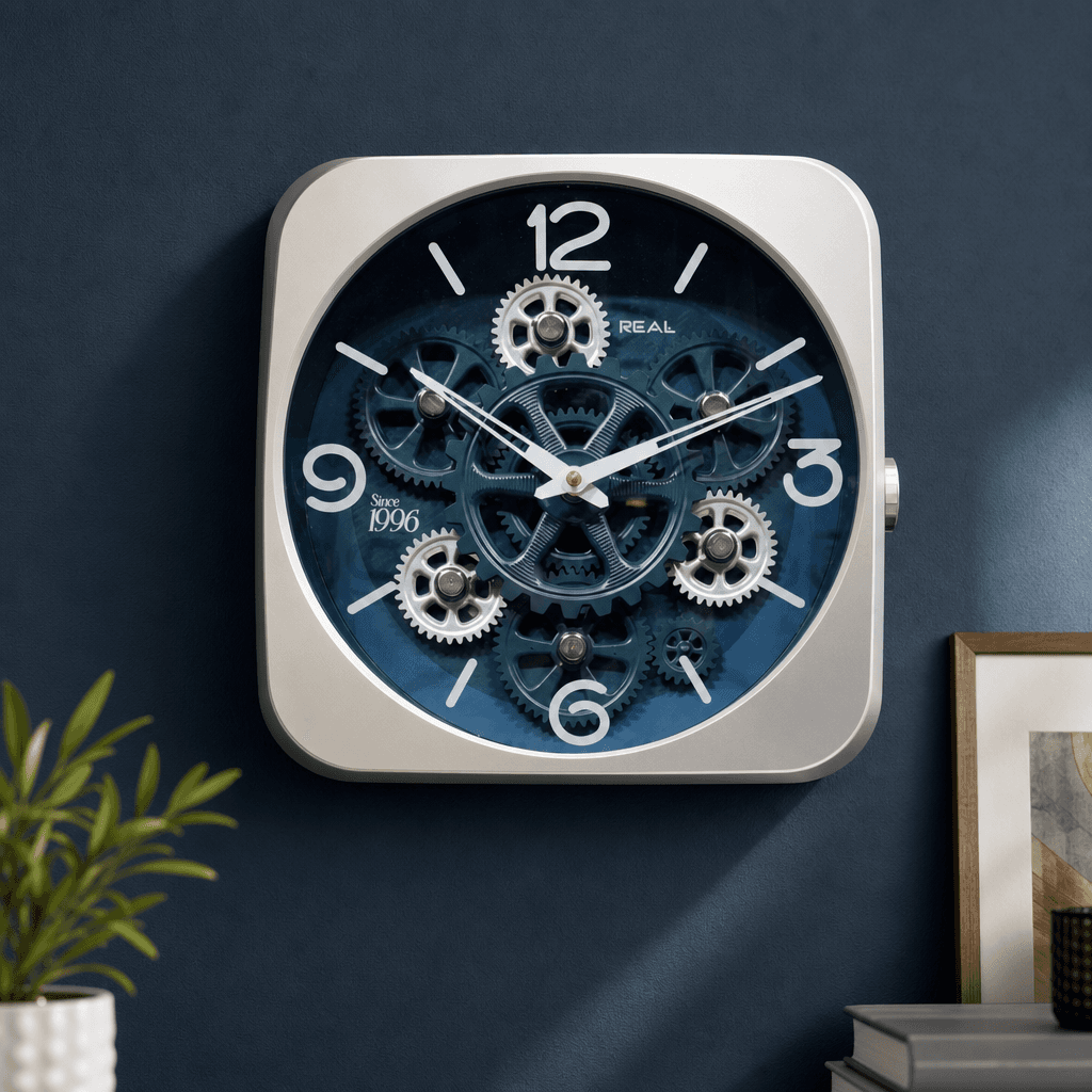 Exposed Gear Wall Clock styled in a room setting 3