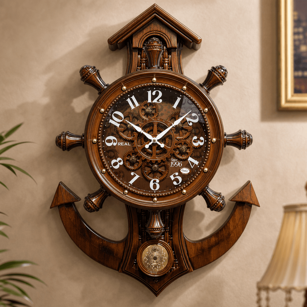 Nautical Ship's Wheel Wall Clock With Anchor on wall color