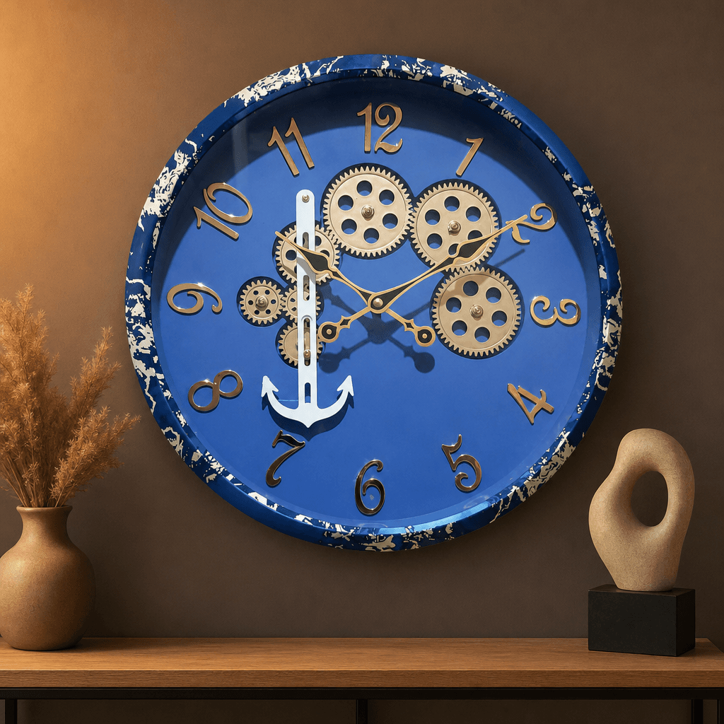 Royal Blue Wall Clock With Gears And Anchor styled in a room setting 3