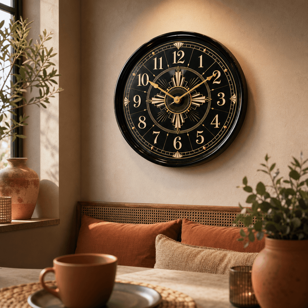 The Clock Factory 031 Tribal Art Deco Black & Gold Wall Clock styled in a room setting 3