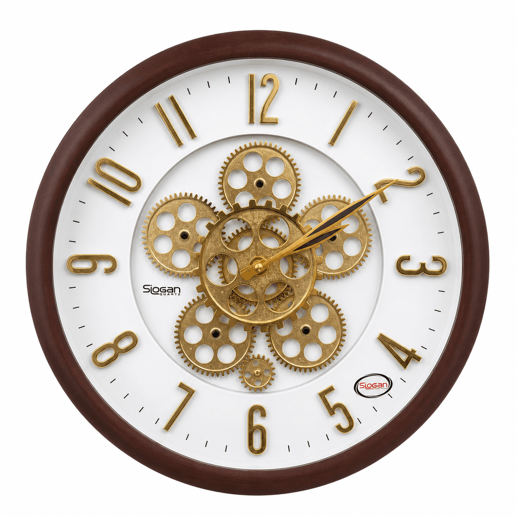 Slogan 16-inch Brown Wood Finish Exposed Gear Wall Clock