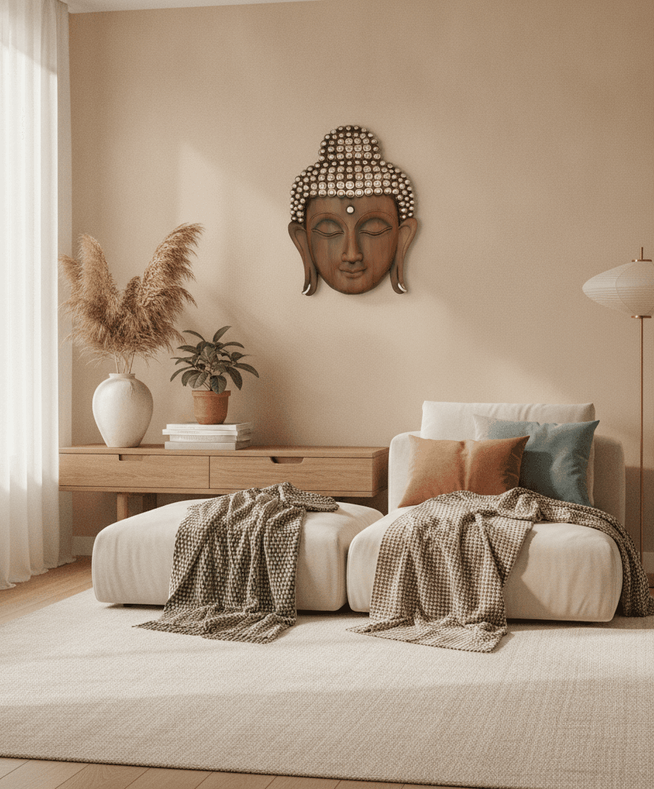 Face Wall Art Dark Wood And Gold styled in a room setting 1