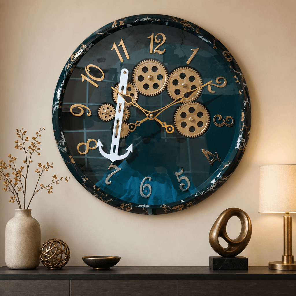 Royal Blue Wall Clock With Gears And Anchor styled in a room setting 5