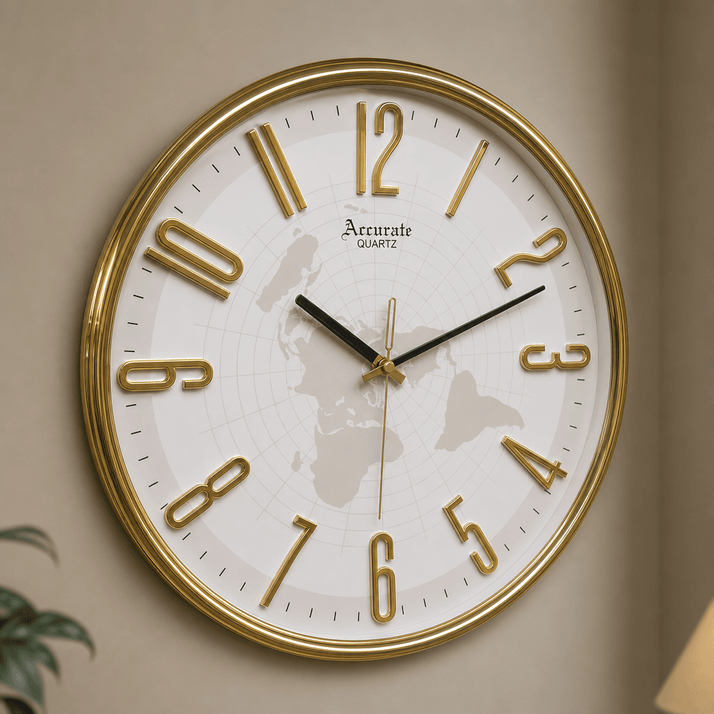 Gold Frame Wall Clock With World Map Dial on wall color