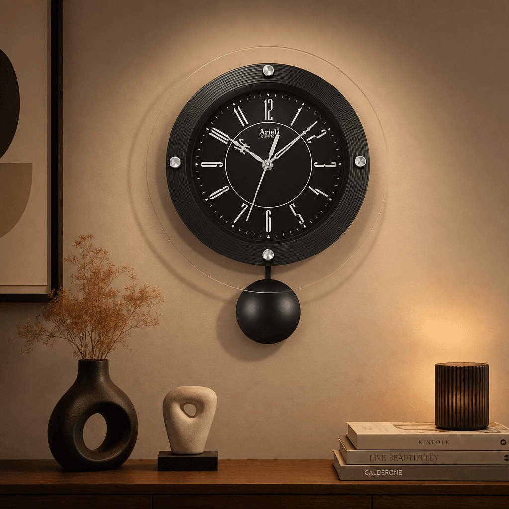 Small Wall Clock Black With Black Dial styled in a room setting 1