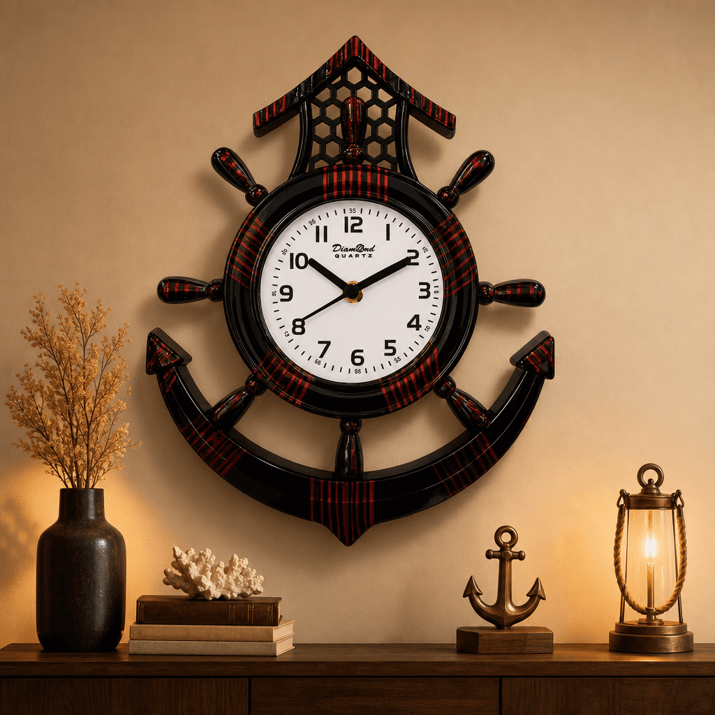 Nautical Ship Wheel Anchor Red And Black Wall Clock styled in a room setting 2